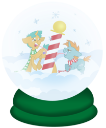 Size: 2285x2751 | Tagged: safe, artist:shiny-pebble, snails, snips, g4, clothes, pole, scarf, snow, snow globe, snowfall, snowflake, tongue out