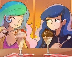 Size: 700x550 | Tagged: safe, artist:keterok, princess celestia, princess luna, human, g4, clothes, cup, cute, dessert, eyes closed, female, food, humanized, ice cream, jacket, shirt, siblings, sisters, smiling, spoon