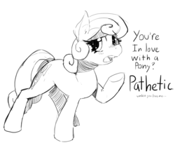 Size: 1008x821 | Tagged: safe, artist:mewball, bon bon, sweetie drops, earth pony, pony, g4, bondere, dialogue, ear fluff, female, grayscale, looking at you, monochrome, open mouth, raised hoof, simple background, solo, tsundere