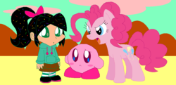 Size: 972x469 | Tagged: safe, artist:heartinarosebud, pinkie pie, earth pony, human, pony, puffball, g4, crossover, disney, kirby, kirby (series), nintendo, sugar rush, vanellope von schweetz, wreck-it ralph