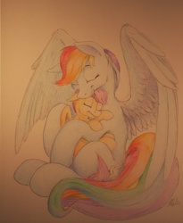 Size: 3013x3675 | Tagged: dead source, safe, artist:anoldmate, rainbow dash, scootaloo, g4, hug, scootalove, traditional art