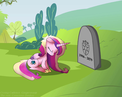 Size: 900x720 | Tagged: safe, princess cadance, shining armor, alicorn, pony, g4, grave, gravestone, immortality blues, princess sadance, sad