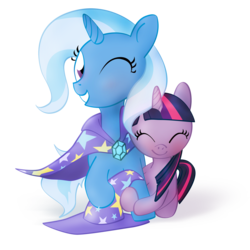 Size: 3000x3005 | Tagged: safe, artist:nicolaykoriagin, trixie, twilight sparkle, pony, unicorn, g4, female, happy, hug, lesbian, ship:twixie, shipping, smiling, unicorn twilight, wink