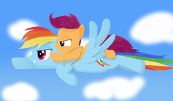 Size: 2574x1500 | Tagged: safe, artist:waveywaves, rainbow dash, scootaloo, g4, ponies riding ponies, riding, rope, scootaloo can't fly, scootaloo riding rainbow dash, scootalove