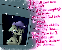 Size: 1050x850 | Tagged: safe, artist:serendipity-kitty, scootaloo, g4, crying, dialogue, orphan, sad, sum 41, window