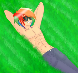 Size: 650x612 | Tagged: safe, artist:danteskitten, rainbow dash, human, g4, abs, belly button, clothes, humanized, rainbow blitz, rule 63, solo, topless