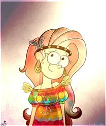 Size: 742x889 | Tagged: dead source, safe, artist:cherryviolets, fluttershy, human, g4, cute, female, gravity falls, hippie, hippieshy, humanized, male, peace symbol, shyabetes, solo, style emulation