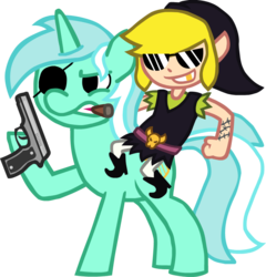 Size: 800x834 | Tagged: safe, artist:leidenpierce, lyra heartstrings, g4, cigar, clenched fist, crossover, eyepatch, gold tooth, gritted teeth, gun, link, nintendo, pistol, scowl, simple background, smiling, smoking, sunglasses, tattoo, the legend of zelda, transparent background, vector