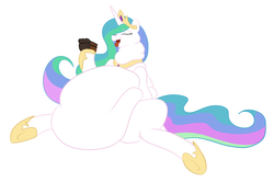 Size: 1280x849 | Tagged: dead source, safe, artist:drumstickpony, princess celestia, g4, belly, cake, cakelestia, chubbylestia, eating, fat, impossibly large belly, morbidly obese, obese, stuffed, weight gain