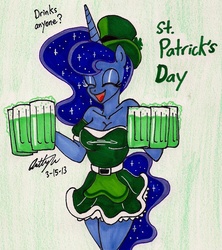 Size: 1088x1226 | Tagged: safe, artist:newyorkx3, princess luna, anthro, g4, alcohol, beer, belt, cleavage, clothes, clover, dialogue, dress, female, hat, irish, petticoat, saint patrick's day, shamrock, solo, top hat, traditional art