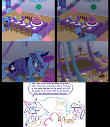 Size: 1333x1540 | Tagged: safe, artist:dalapony, artist:weaver, edit, applejack, pinkie pie, princess celestia, princess luna, twilight sparkle, alicorn, pony, unicorn, g4, a dash of weaver makes everything better, alternate ending, birthday, birthday party, comic, crying, eyes closed, female, filly, forgotten birthday, good end, mare, open mouth, party, question mark, s1 luna, sad, smiling, star of the giants, table flip, weaver you magnificent bastard, woona