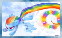 Size: 1259x787 | Tagged: safe, artist:affanita, rainbow dash, pony, g4, female, flying, solo, sonic rainboom, trail