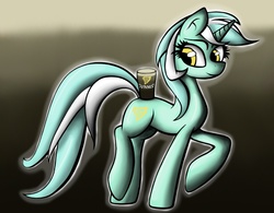 Size: 1151x900 | Tagged: safe, artist:redmanepony, lyra heartstrings, pony, unicorn, g4, alcohol, alternate cutie mark, beer, drink, female, guinness, raised hoof, smiling, solo