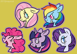 Size: 639x450 | Tagged: dead source, safe, artist:mayocat, fluttershy, pinkie pie, rainbow dash, rarity, twilight sparkle, earth pony, pegasus, pony, unicorn, g4, ^^, bust, eyes closed, female, floppy ears, grin, happy, mare, no pupils, open mouth, open smile, profile, simple background, smiling, worried, yellow background