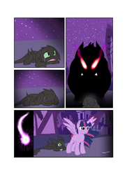 Size: 1024x1408 | Tagged: safe, artist:capricorn-the-dragon, twilight sparkle, alicorn, dragon, night fury, pony, g4, awesome, beast, comic, crossover, dreamworks, female, fight, how to train your dragon, mama bear, mama twilight, mare, monster, protecting, red eyes take warning, twilight sparkle (alicorn), wholesome