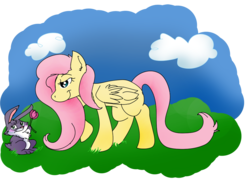 Size: 1000x714 | Tagged: safe, fluttershy, g4, bunnymund, crossover, dreamworks, easter bunny, flower, rise of the guardians