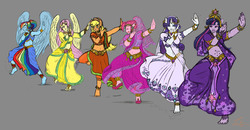 Size: 10683x5575 | Tagged: safe, artist:zabchan, applejack, fluttershy, pinkie pie, rainbow dash, rarity, twilight sparkle, human, g4, barefoot, barefoot sandals, belly button, belly dancer, bollywood, clothes, dancing, dress, eared humanization, feet, hand, horn, horned humanization, humanized, india, indian, mane six, midriff, pony coloring, winged humanization