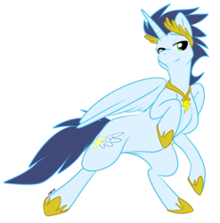 Size: 800x811 | Tagged: dead source, safe, artist:muzz, soarin', alicorn, pony, g4, alicornified, bedroom eyes, bipedal, laurel wreath, necklace, race swap, rearing, simple background, smiling, soaricorn, transparent background