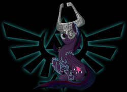 Size: 1600x1158 | Tagged: safe, artist:ciscoql, twilight sparkle, alicorn, pony, g4, black background, crossover, female, glowing, helmet, logo, looking at you, mare, midna, midna sparkle, pun, simple background, sitting, smiling, tattoo, the legend of zelda, the legend of zelda: twilight princess, triforce, twilight sparkle (alicorn)