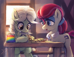 Size: 960x743 | Tagged: safe, artist:grissaecrim, granny smith, sew 'n sow, earth pony, pony, g4, knitting, young, young granny smith, younger, zap apple jam