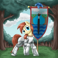 Size: 2040x2068 | Tagged: safe, artist:otakuap, oc, oc only, oc:caramel curve, pony, armor, banner, hanging banner, raised hoof, solo