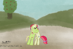 Size: 1200x800 | Tagged: safe, artist:tmariku, granny smith, sew 'n sow, earth pony, pony, g4, 30 minute art challenge, bipedal, hug, young granny smith, younger