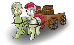 Size: 1000x607 | Tagged: safe, artist:short circuit, granny smith, sew 'n sow, g4, cart, cute, duo, female, like mother like daughter, like parent like child, mother and daughter, no pupils, young granny smith, younger