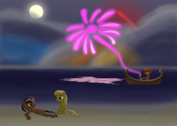 Size: 1200x858 | Tagged: safe, artist:boxedsurprise, oc, oc only, oc:color boom, oc:star sparkler, oc:ticket, alicorn, earth pony, pony, unicorn, alicorn oc, beach, commission, explosion, fireworks, moon, night, ocean, ticketsparkler