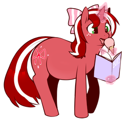 Size: 1313x1249 | Tagged: safe, artist:redintravenous, oc, oc only, oc:red ribbon, pony, unicorn, book, bow, butts, chubby, fat, female, hair bow, ice cream, licking, magic, mare, reading, simple background, solo, tongue out, white background