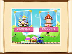 Size: 960x720 | Tagged: safe, gameloft, g4, official, canterlot, castle, friendship express, game, locomotive, mountain, ponyville, ponyville town hall, steam locomotive, train