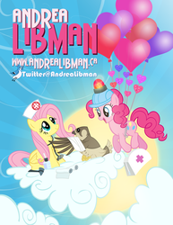 Size: 900x1165 | Tagged: safe, artist:pixelkitties, fluttershy, pinkie pie, g4, andrea libman, animal, balloon, cloud, injured, poster, then watch her balloons lift her up to the sky