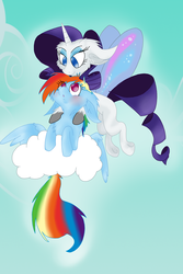 Size: 1280x1920 | Tagged: safe, rainbow dash, rarity, g4, artificial wings, augmented, cloud, cloudy, collaboration, female, fluffy, lesbian, magic, magic wings, ship:raridash, shipping, sky, wings