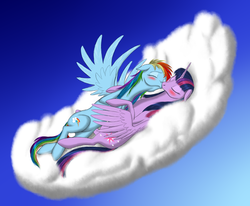 Size: 3123x2576 | Tagged: safe, artist:vasillium, rainbow dash, twilight sparkle, alicorn, pegasus, pony, g4, blushing, cloud, cuddling, duo, female, kiss on the lips, kissing, lesbian, mare, on a cloud, ship:twidash, shipping, twilight sparkle (alicorn), wingboner