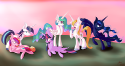 Size: 2500x1331 | Tagged: safe, artist:miroslav46, prince blueblood, princess cadance, princess celestia, princess luna, shining armor, twilight sparkle, alicorn, pony, g4, female, mare, twilight sparkle (alicorn)