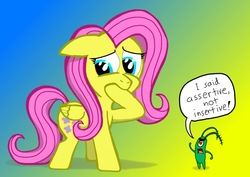 Size: 1024x727 | Tagged: safe, artist:fimflamfilosophy, fluttershy, g4, assertive, crossover, plankton, spongebob squarepants, walking small