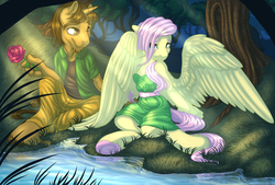 Size: 1639x1105 | Tagged: safe, artist:kittehkatbar, fluttershy, oc, anthro, unguligrade anthro, g4, crepuscular rays, forest, hooves, unshorn fetlocks, water