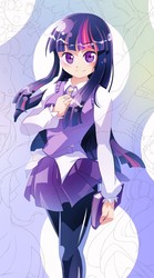 Size: 520x932 | Tagged: safe, artist:sweetsound, twilight sparkle, human, g4, book, clothes, cute, female, humanized, looking at you, pantyhose, pixiv, school uniform, skirt, solo, sweater vest, twiabetes