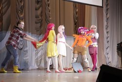 Size: 800x533 | Tagged: safe, artist:geiyin, apple bloom, big macintosh, cheerilee, scootaloo, sweetie belle, human, g4, cosplay, ichiharu, irl, irl human, photo, skit, stage