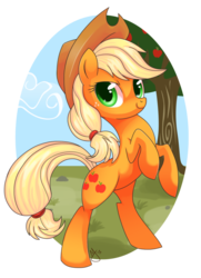 Size: 600x831 | Tagged: safe, artist:ieatedaunicorn, applejack, earth pony, pony, g4, bipedal, female, rearing, solo, tree