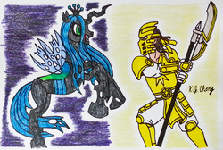 Size: 856x574 | Tagged: safe, artist:stealthninja5, queen chrysalis, changeling, changeling queen, human, g4, bionicle, crossover, female, lego, male, takanuva, traditional art
