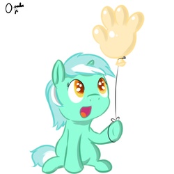 Size: 1000x1000 | Tagged: safe, artist:osakaoji, lyra heartstrings, pony, unicorn, g4, balloon, cute, female, filly, filly lyra, foal, glove world, gloves, hand, happy, lyrabetes, rock bottom, solo, spongebob squarepants, that pony sure does love hands, younger