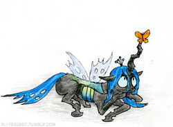 Size: 500x366 | Tagged: safe, artist:el-yeguero, queen chrysalis, butterfly, changeling, changeling queen, g4, female