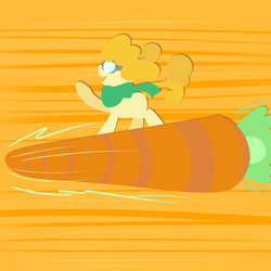 Size: 800x800 | Tagged: safe, artist:perrydotto, carrot top, golden harvest, pony, g4, carrot, clothes, cute, cutie top, female, goggles, macro, riding, rocket, scarf, solo, wat