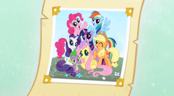 Size: 763x420 | Tagged: safe, edit, applejack, fluttershy, pinkie pie, rainbow dash, rarity, spike, twilight sparkle, earth pony, pegasus, pony, unicorn, g4, corporate photo, female, group, group photo, group shot, horn, mane six, mane six opening poses, mare, scroll