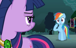 Size: 800x509 | Tagged: safe, screencap, rainbow dash, twilight sparkle, g4, magic duel, lidded eyes, out of context