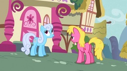 Size: 1280x720 | Tagged: safe, screencap, cherry berry, linky, shoeshine, pony, g4, background pony, butt, cherryplot, duckface, duo, duo female, female, lidded eyes, out of context, plot