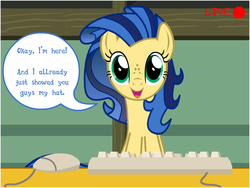 Size: 800x600 | Tagged: safe, oc, oc only, oc:milky way, pony, camera, camera shot, computer mouse, dialogue, female, keyboard, mare, solo, speech bubble