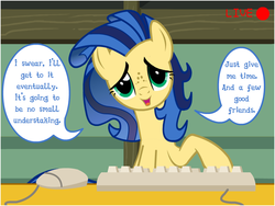 Size: 800x600 | Tagged: safe, oc, oc only, oc:milky way, pony, camera, camera shot, computer mouse, dialogue, female, keyboard, mare, solo, speech bubble