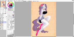 Size: 1904x966 | Tagged: safe, artist:busoni, rarity, anthro, g4, solo, wip
