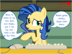 Size: 800x600 | Tagged: safe, oc, oc only, oc:milky way, pony, camera, camera shot, computer mouse, dialogue, female, keyboard, mare, solo, speech bubble